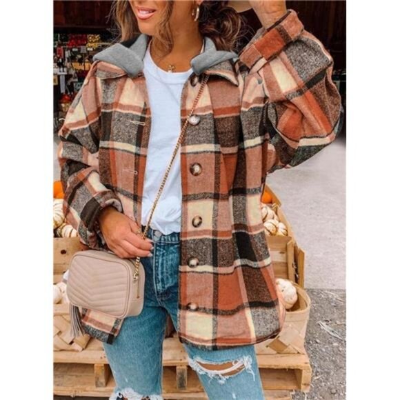 Women's Long Sleeve Button-Down Plaid Flannel Hooded Shacket Jacket - Picture 2 of 7